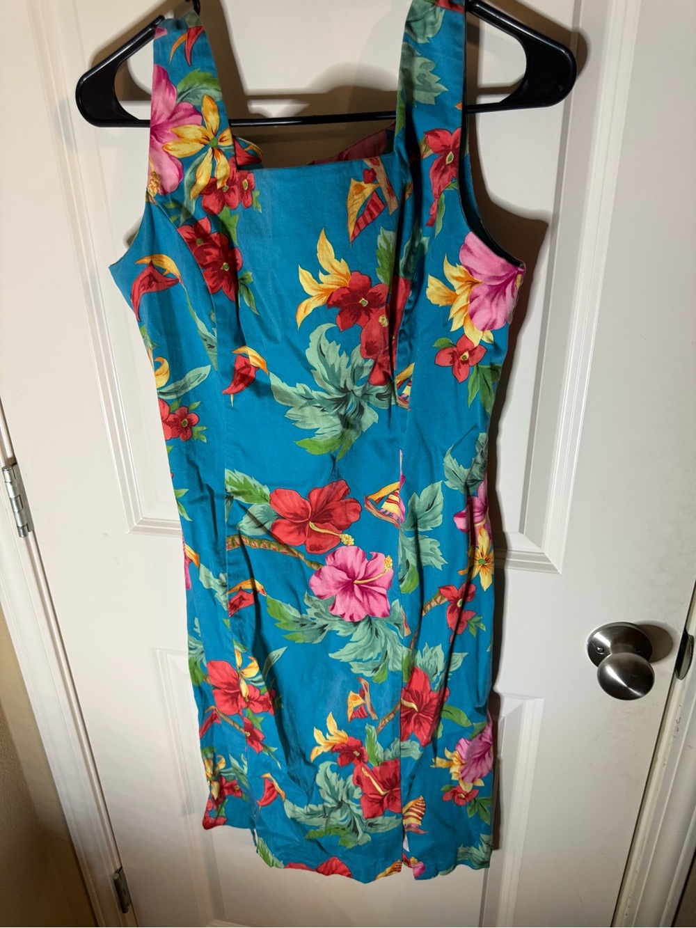 Caribbean Joe Tropical Hibiscus Cotton Dress | Blue Floral Resort Dress | Size M
